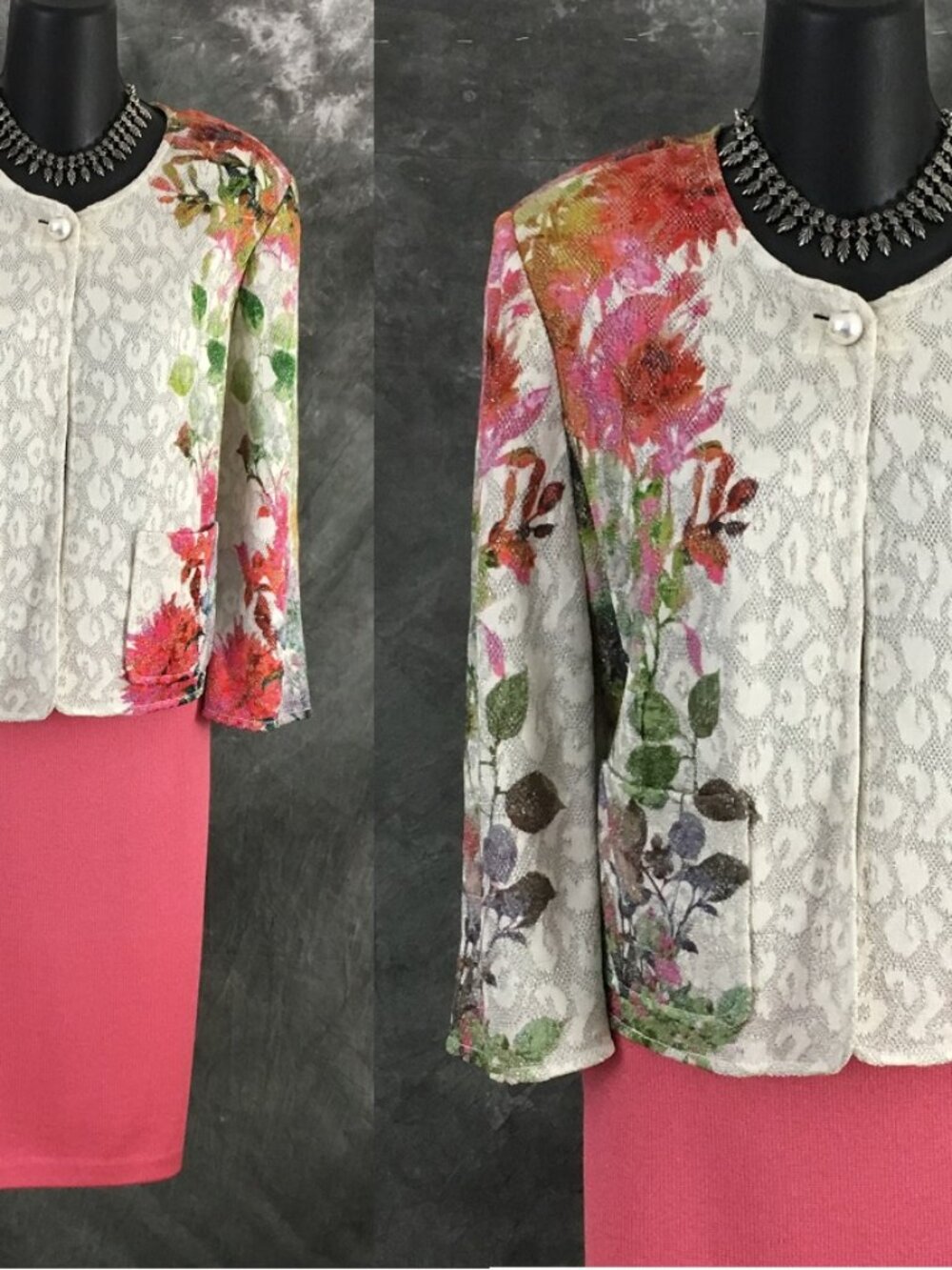 NEW BEAUTIFUL St John knit pink green multi jacket skirt suit size M 10